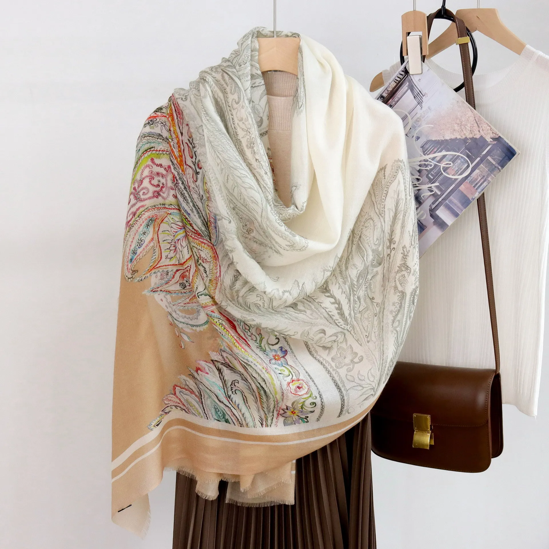 Winsleter-Women 100%Wool Elegant Long Scarf, 200*100CM Print, Mom Gift Vintage Skin-friendly Thin Scarves, 2026 Autumn A67875CC