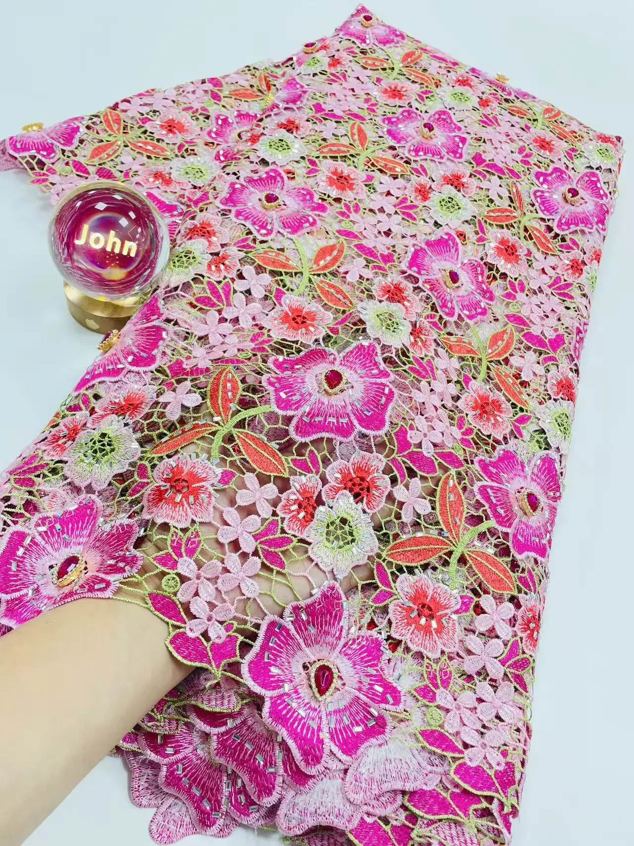 2026 African Big Gem Water Soluble Lace Fabric High Quality 3D French Nigerian Chiffon Lace Fabric For Women Party Dress Hm237-1