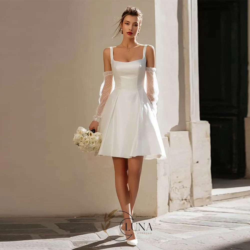 Luna Square Collar Mini Satin Wedding Party Dresses with Dotted Tulle Customzied Women Engagement Dresses Wedding Prom Gown