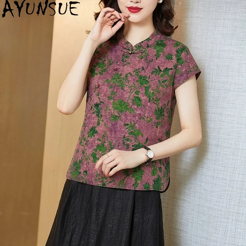 AYUNSUE 100% Mulberry Silk Women T Shirts New Chinese Style T-shirts for Women Summer Frog Button Women Clothing 2026 Ropa Mujer