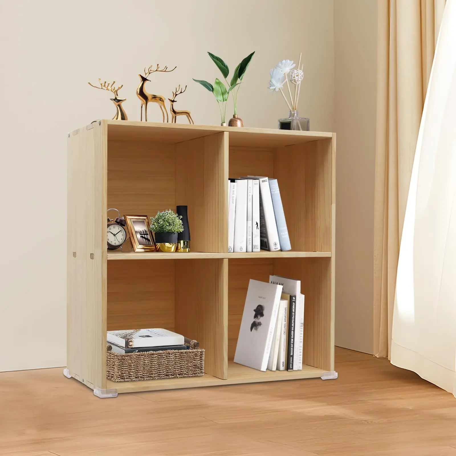 

Книжная полка-органайзер с 4 кубами и задней панелью, деревянная кубическая полка глубиной 12 дюймов, книжный шкаф, напольный, вертикальный или