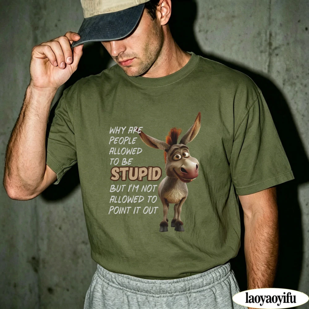 Funny Shrek Donkey Meme Slogan Print Loose Short Sleeve Tee Humor Streetwear Men Graphic T-Shirt Casual Daily Male Top