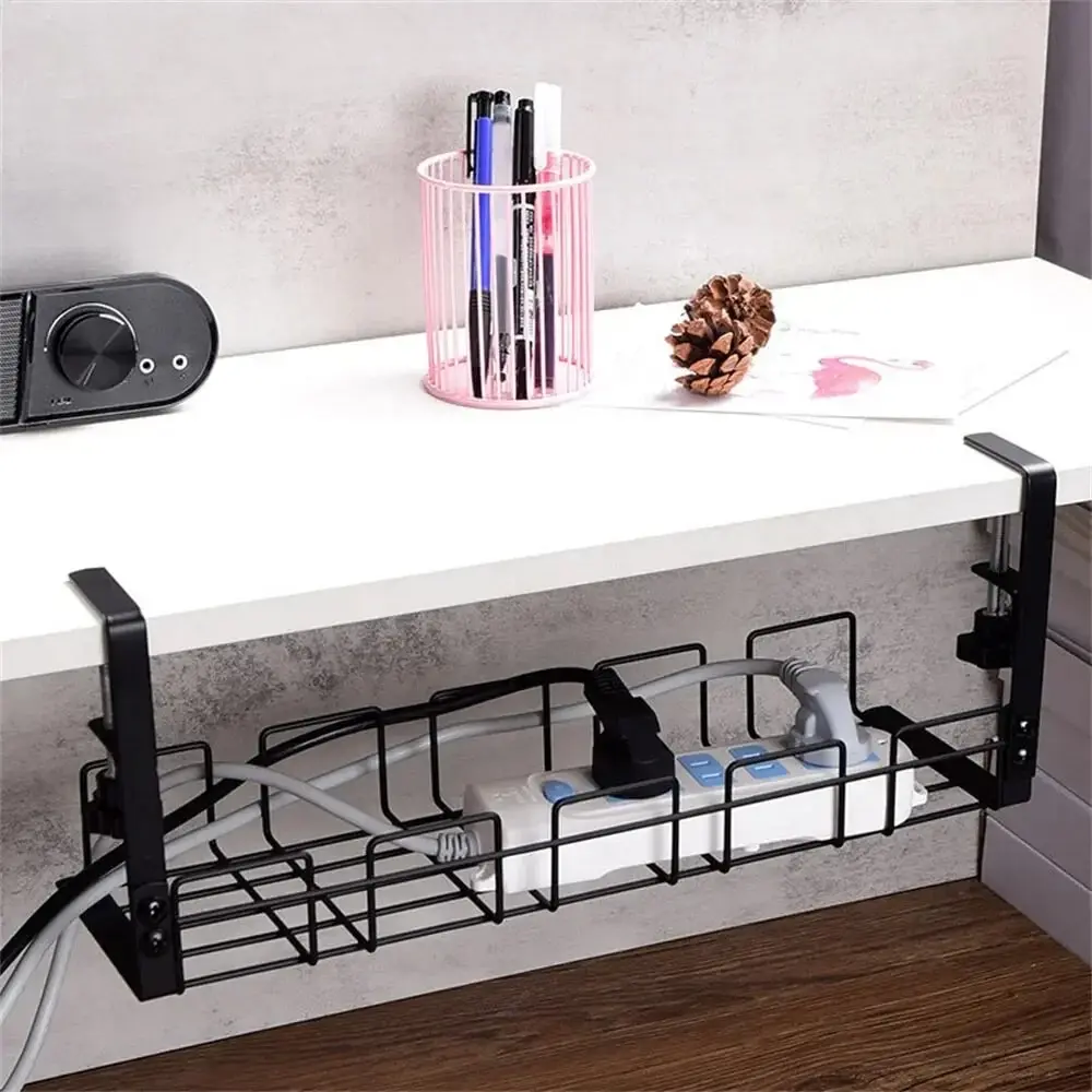Under Table Storage Rack Metal Cable Management Tray Home Office Desk Wire Organizer No Punching Socket Storage Accessories