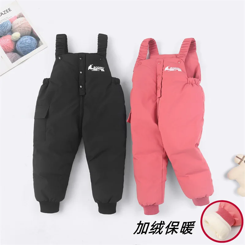 

2023 Autumn Winter Baby Boys Overalls Solid Color Lining Plush Keep Warm Jumpsuit For 1-4Y Toddlers Kids Down Cotton Trousers