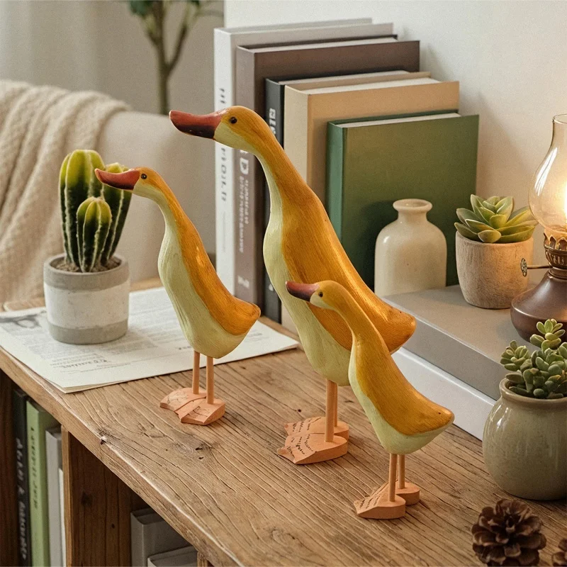 Mediterranean Solid Wood Carved Duck Figurines Set (3 Sizes), Coastal Desktop Ornament for Showroom & Home Decor