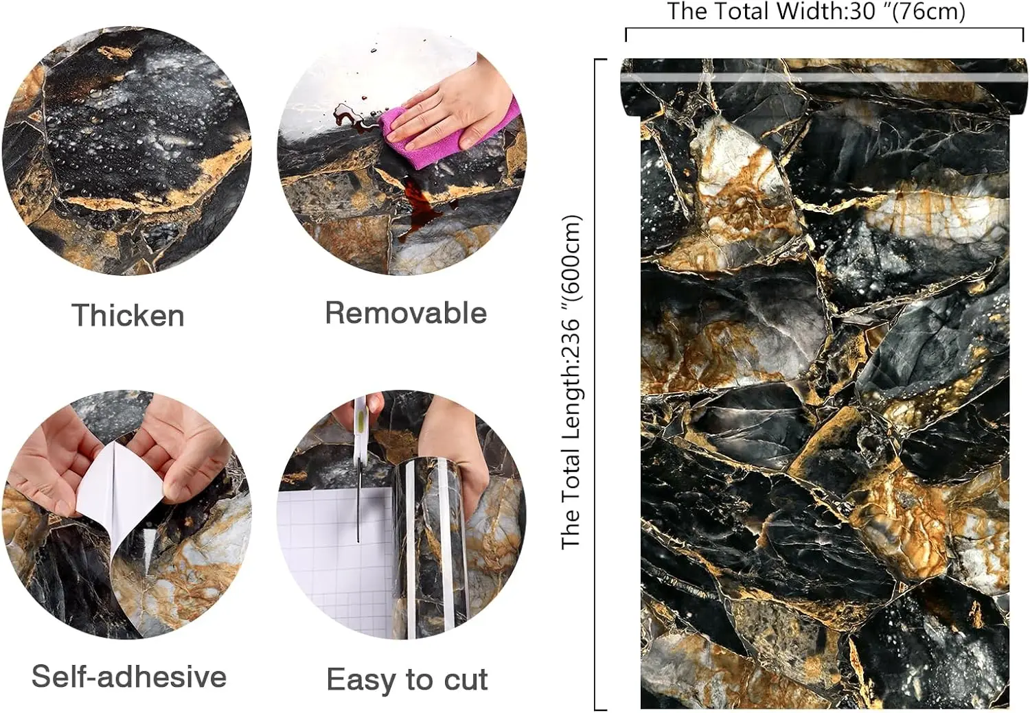 hut Black And Gold Marble Contact Paper For Countertops Waterproof 30''X236'' Marble Bathroom Countertop Peel And Stick