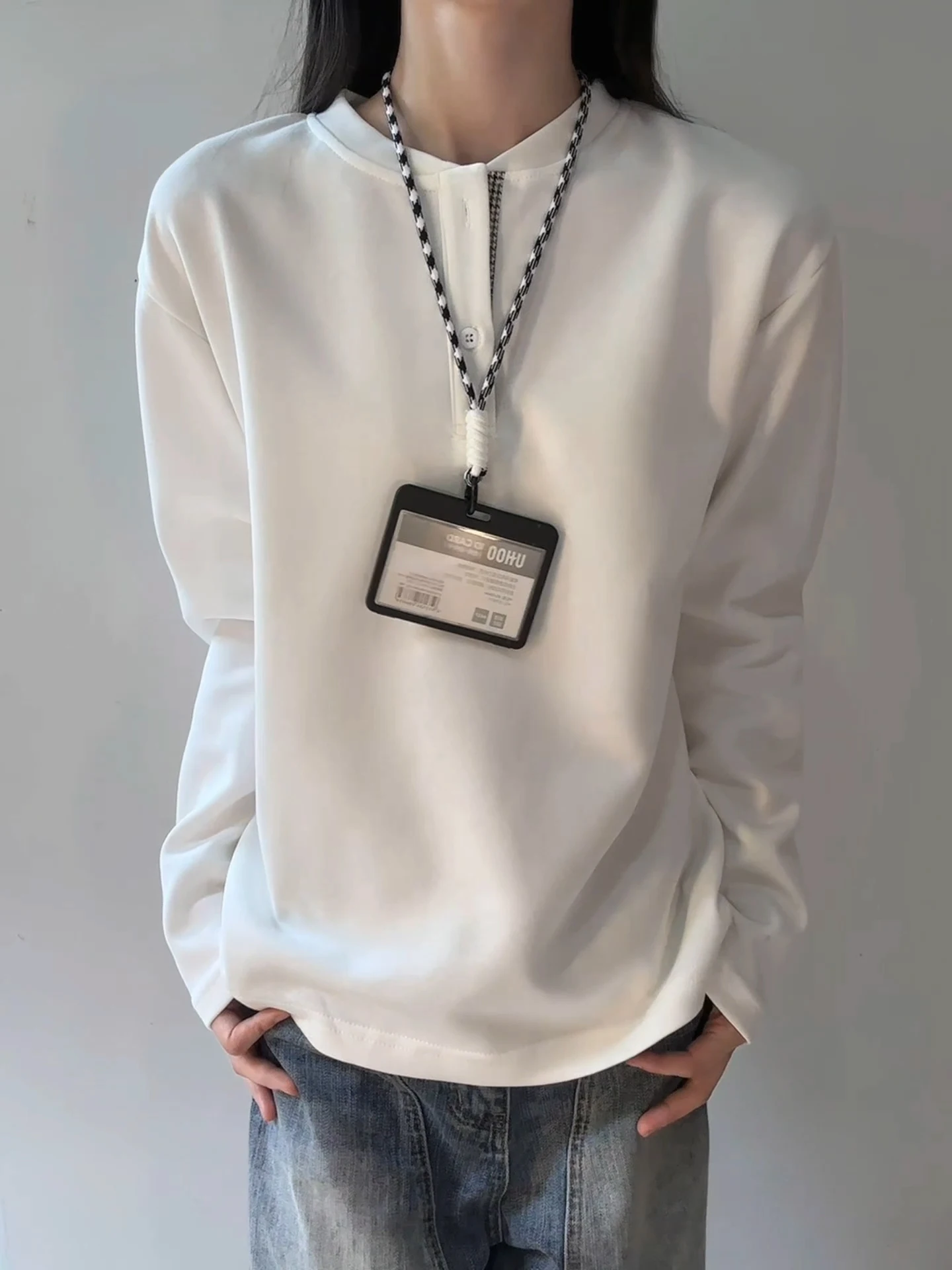 Heavyweight Long Sve T-irt Men's Plaid Patchwork Henry Collar Hoodl Sweatirt American Sle Cleanfit Retro irt