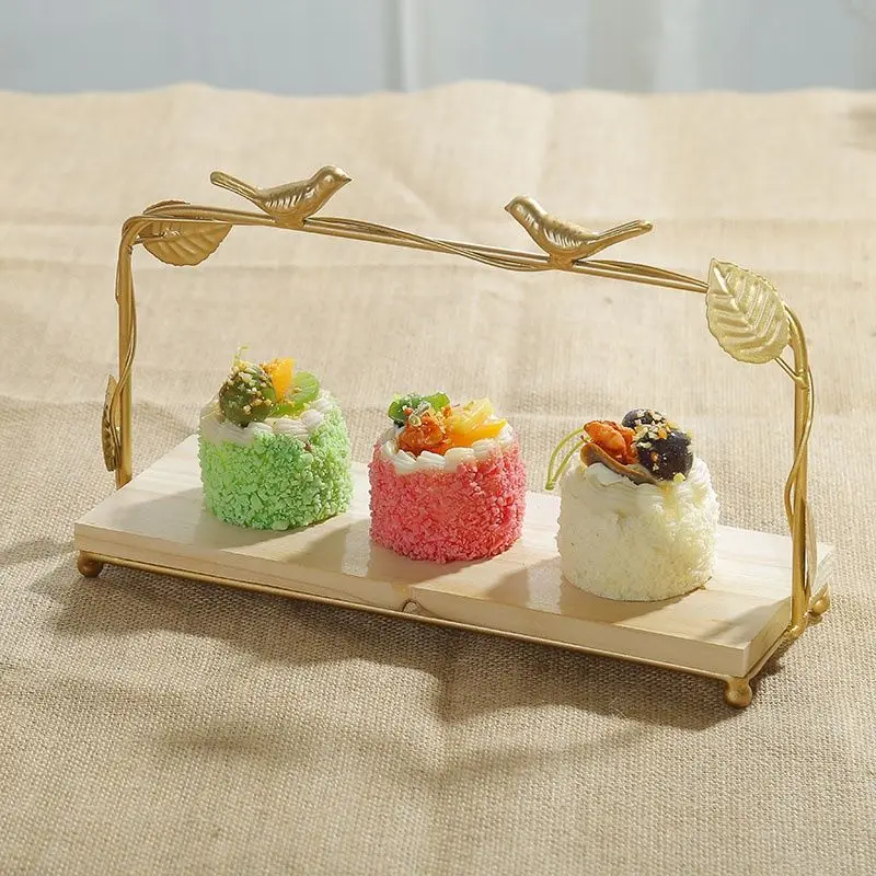 Nordic Wooden Tray Golden Iron Dessert Display Stand Dim Sum Shelf Afternoon Tea Frame Wedding Birthday Cake Rack Decoration Art
