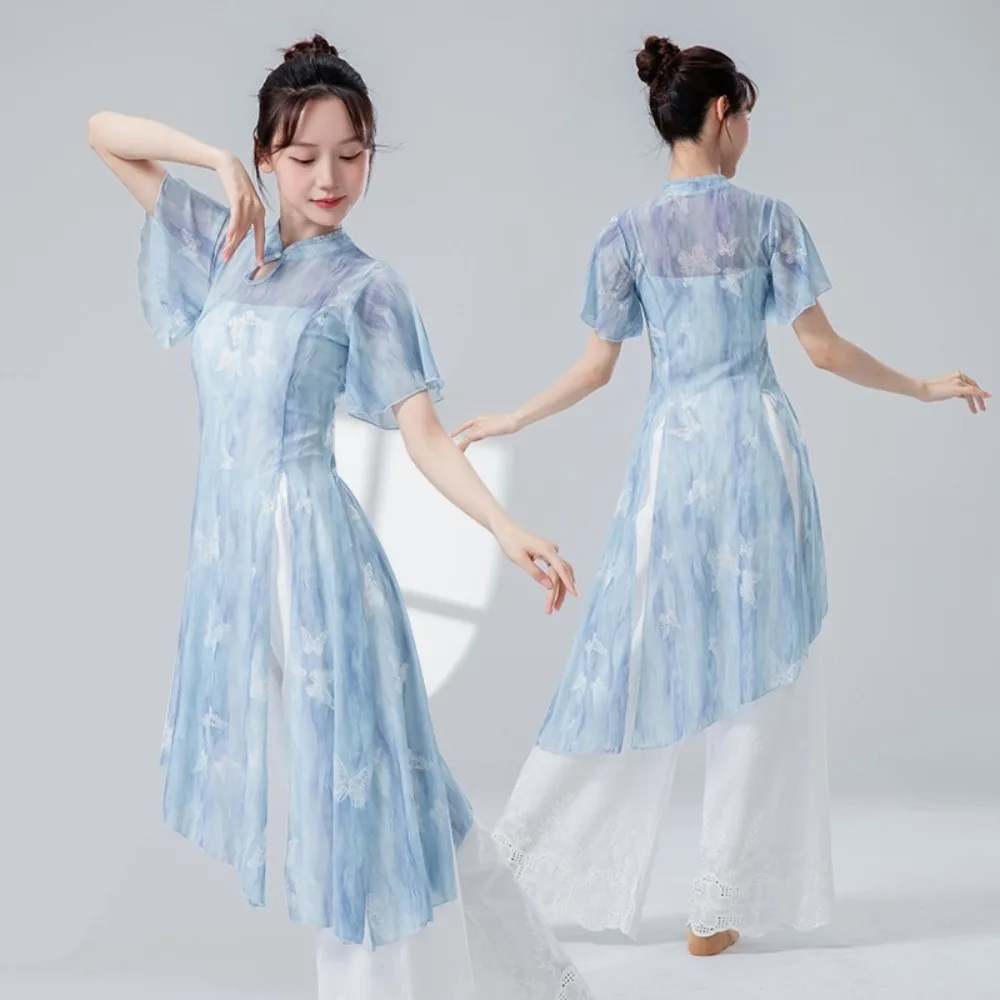 

Топ для классических танцев в стиле чонсам с разрезом по низу, сетчатая блузка из тюля с бабочками, дышащая одежда для выступлений, аксессуары для танцев для женщин