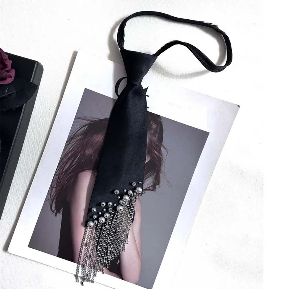 気質韓国風パールネクタイ黒タッセル手編みロングネクタイアカデミックスタイルネックレス装飾シャツネクタイ女性