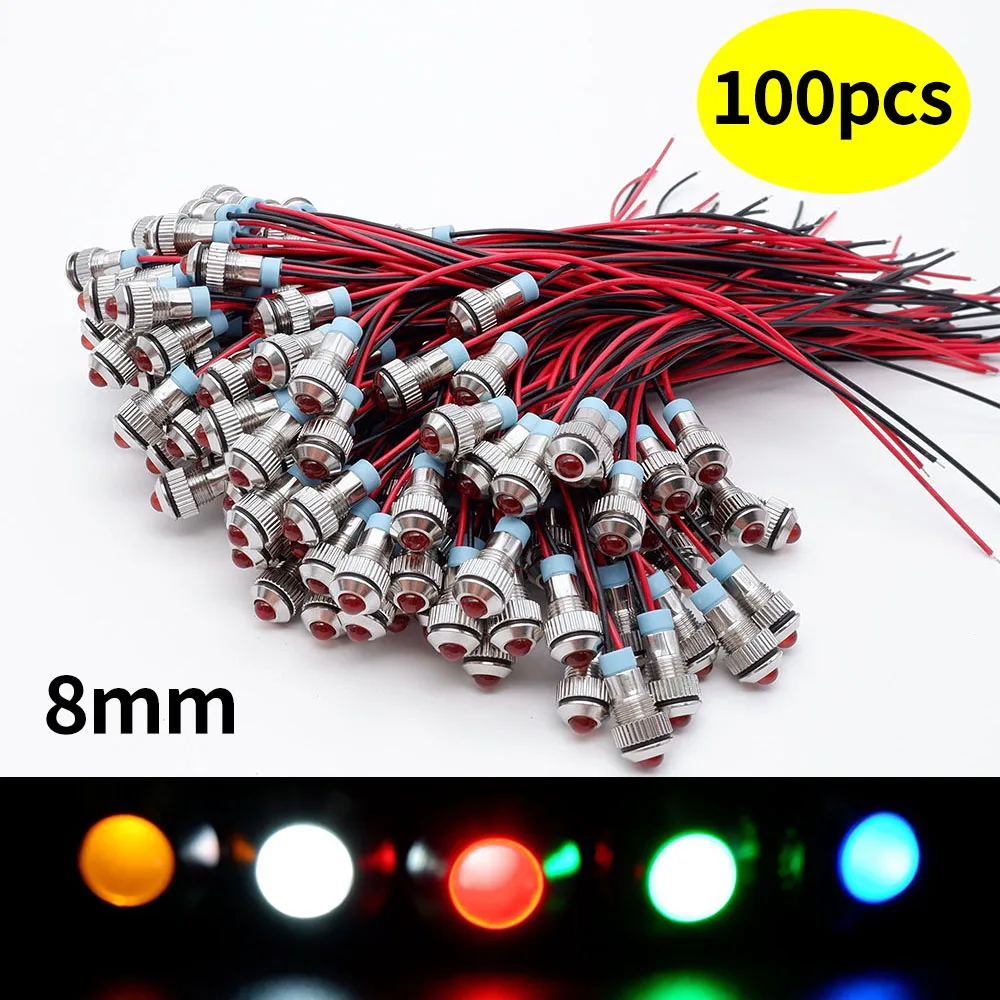 ไฟแสดงสถานะโลหะ LED ขนาด 8 มม. 100 ชิ้น พร้อมสายไฟ 3V 5V 12V 24V 110V 220V สีแดง เหลือง น้ำเงิน เขียว ขาว