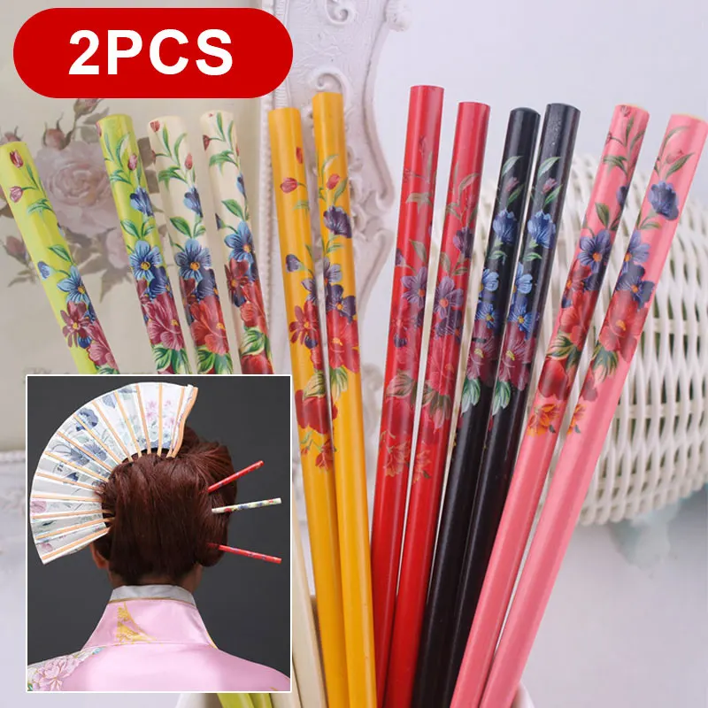 2/4Pcs Vintage Handmade Hair Pick Sticks Painting Japanese Wood Hairpin Hair Clip for Women Natural Chinese Wooden Chopsticks