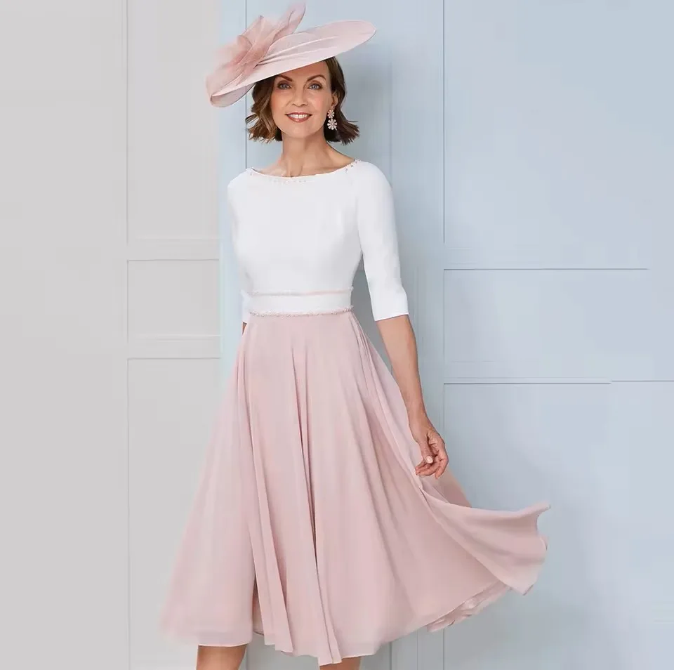 Elegant Mother of the Bride Dress Short Beading Boat Neck Wedding Guest Gowns for Women 3/4 Sleeves Midi Formal Gown