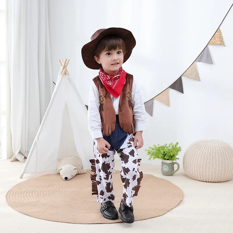 Children Boy Western Cowboy Set Costume Toddler Kids Vest Pants Set Outfit Fantasia Party Purim Halloween Clothes 2-4T 4-6 Years