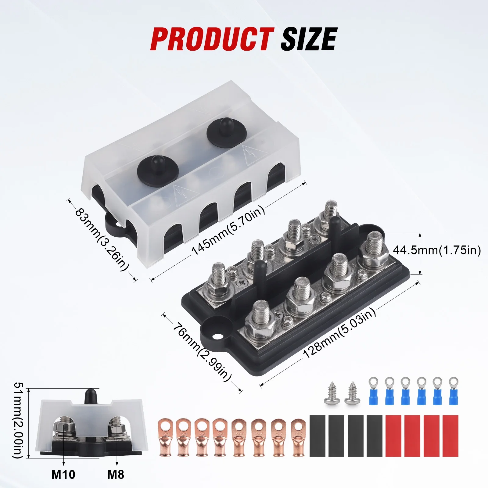8-Wege M8 M10 Busbar 12V-48V 250A DC Hochleistungs-Plus-Minus-Stromverteiler Batterie-Anschlussklemmen Verteilerkasten – Detail 1
