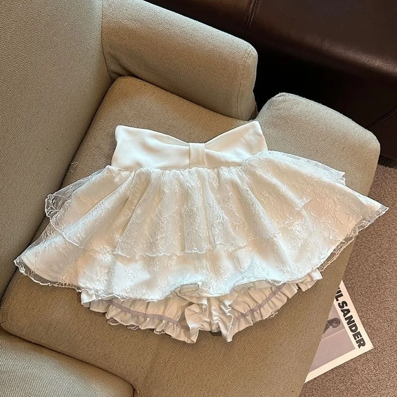 Sexy Balletcore Fluffy Lace Skirt Women 2026 Summer White High Waist A-Line Cake Mini Skirt with Safety Shorts Aesthetic