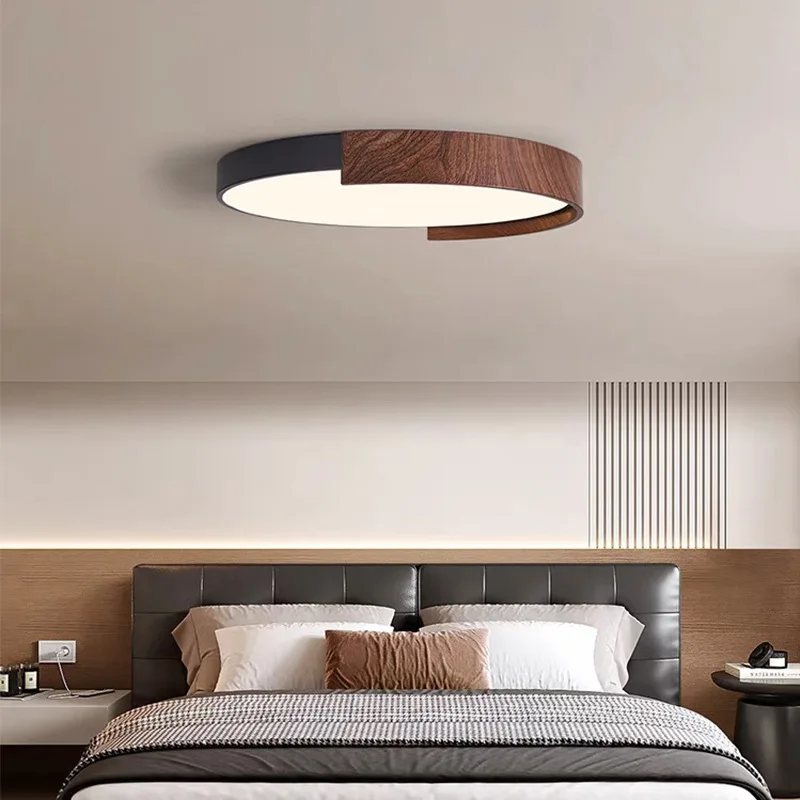 

Italian style eye protection study light, minimalist circular bedroom ceiling light, walnut wood grain modern bedroom light