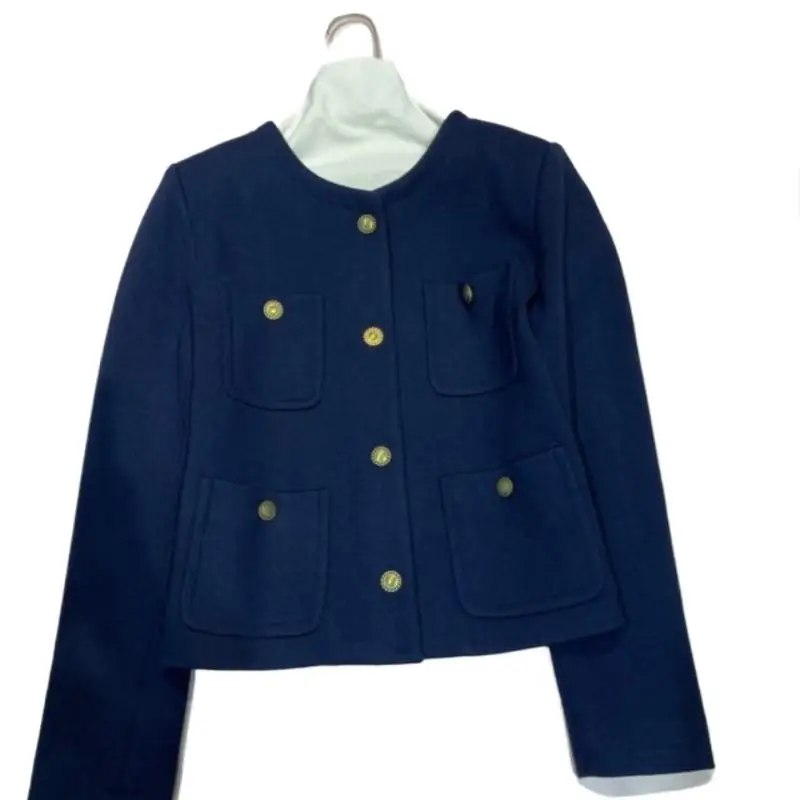 Dark Blue Two-Piece Wool Blended Three-Dimensional Short Coat Wool Small Suit Jacket Silk Lining