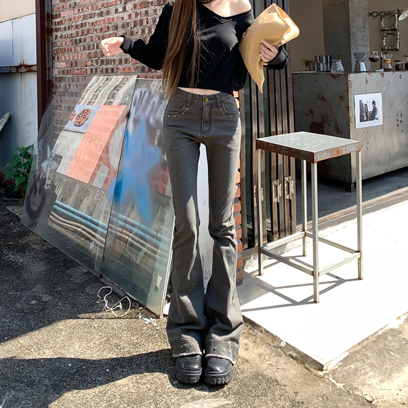 Women Flare Jeans Fashion Skinny Bell Bottom High Waist Gray Denim Pants Lady Classic Y2K Rivet Decoration Long Trousers