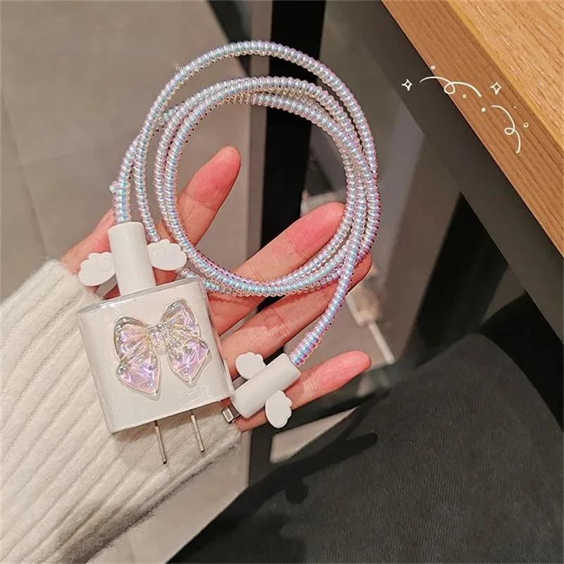 Clear Colorful Bowknot Soft Silicone Charger Case For IPhone 11 12 13 14 15 18/20W Cute Charge Protection Cover Charger Sleeve