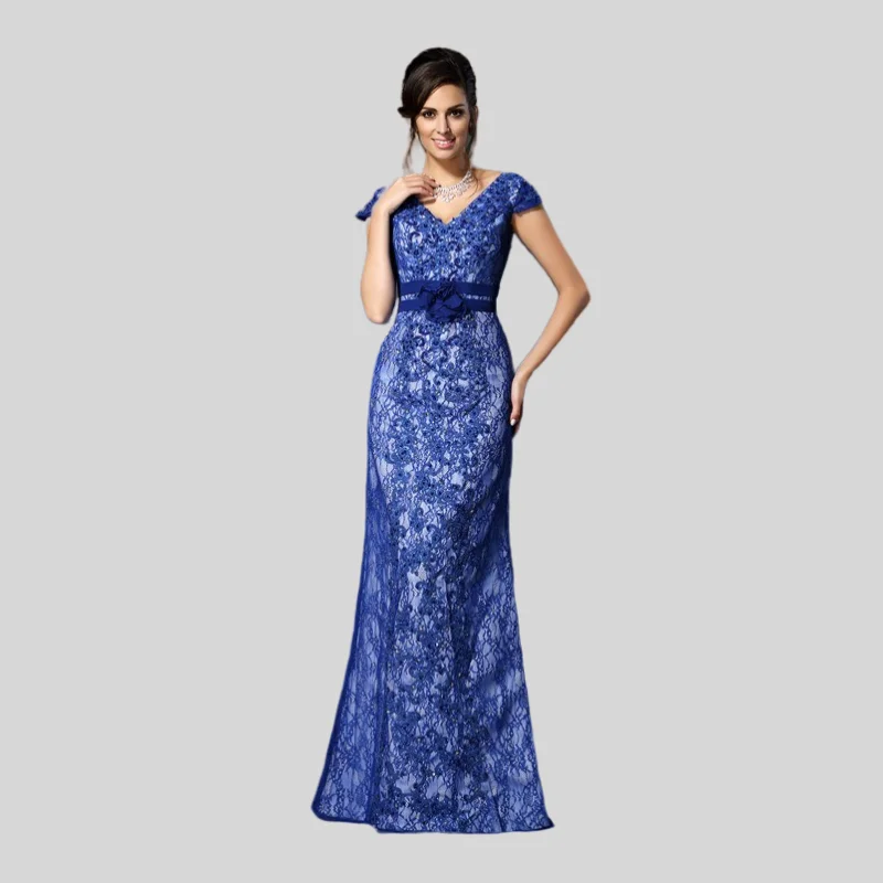 Vestidos azules de sirena para madre de la novia, cuello en V, Mangas de casquillo, flores de encaje, talla grande, vestidos largos para madre de novio para boda