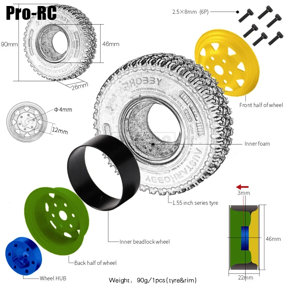 1.55 Inch Rubber Wheel Tire & Beadlock Metal Hub for RC Crawler Car D90 TF2 Axial YETI AXI90069 Tamiya CC01 LC70 MST JIMNY