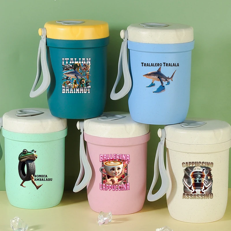 Taza de desayuno portátil italiana Brainrot Girl Boy, botella de agua multifunción, taza de yogur para nueces y avena, taza para aperitivos, taza de sopa creativa