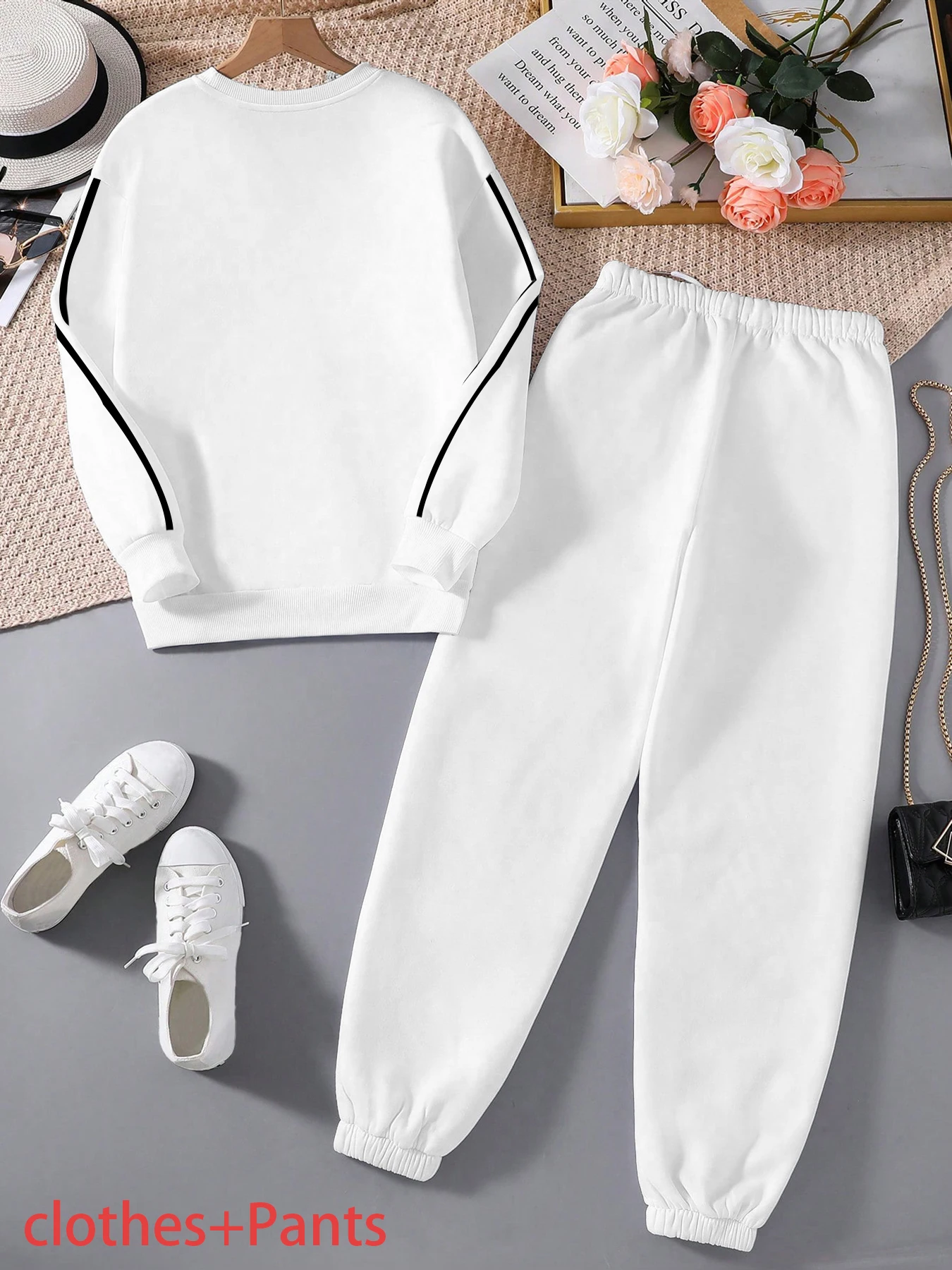 Autumn and winter fashion two-piece set, casual long-sleeved fleece sweatshirt and drawstring running pants elegant suit, ladies