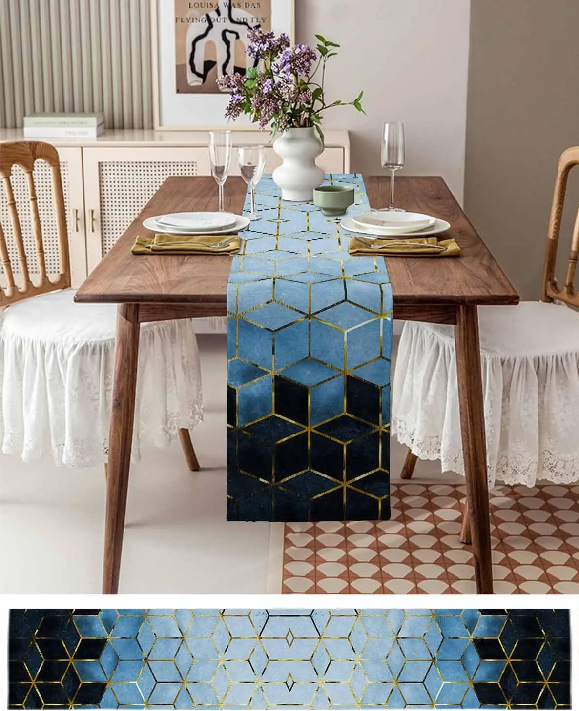 Marble Blue Linen Table Runners Modern Abstract Geometric Black Gold Table Runner Dresser Scarf Kitchen Party Dining Table Decor