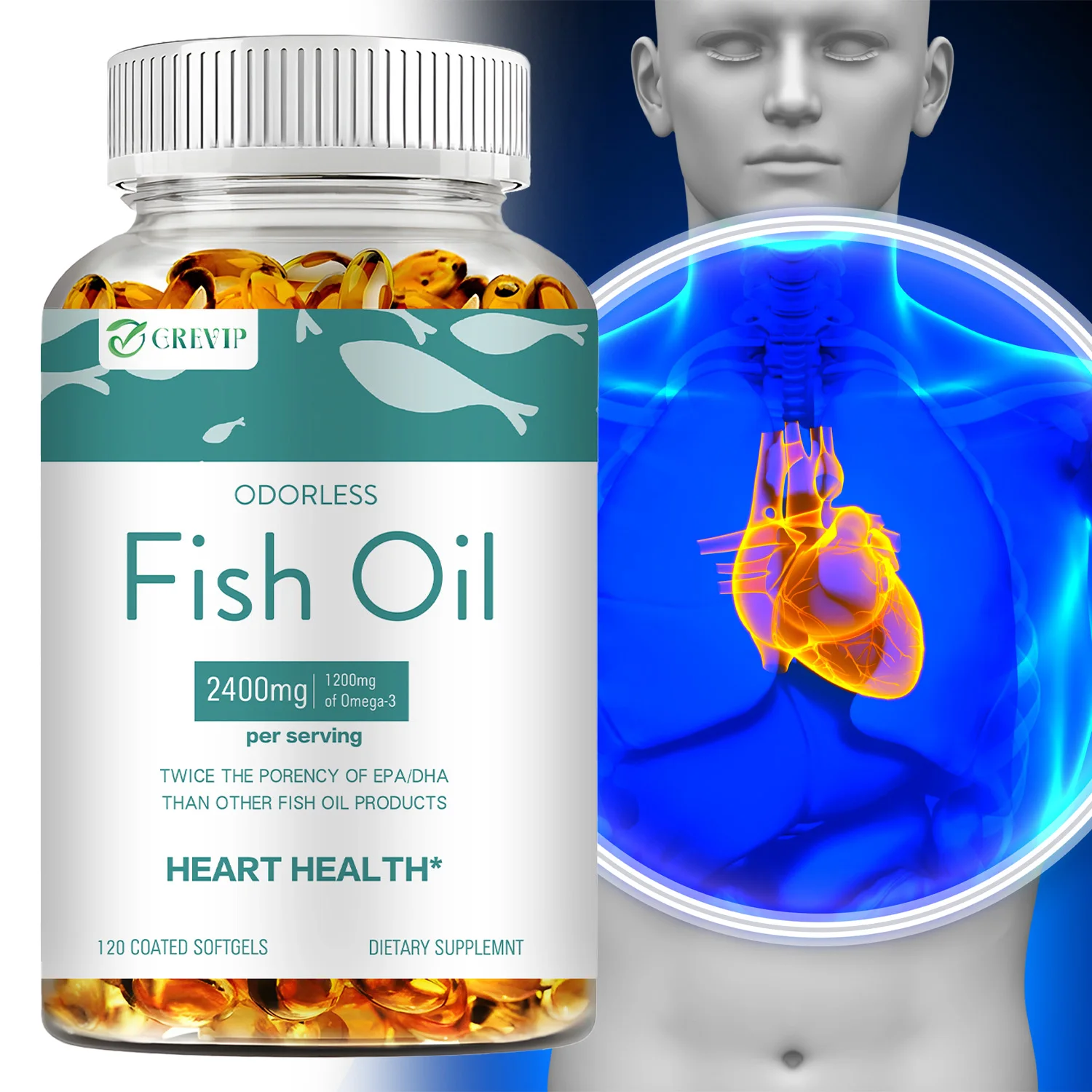 

Fish Oil - for Nervous System, Reduce Stress, Supports Brain, Skin and Cardiovascular Health, Improves Memory - with EPA & DHA