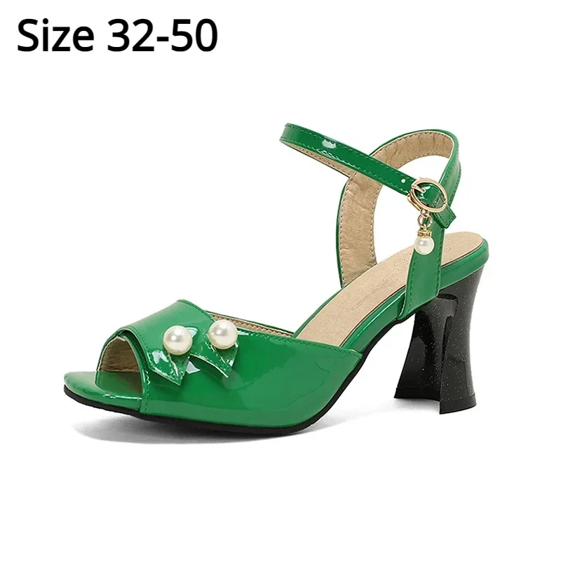 

New Patent Leather Pearl Pendant Sandals Summer Little Fresh Fair Maiden 8cm High Heel Size 32-50 Buckle Breathable Women Sandal