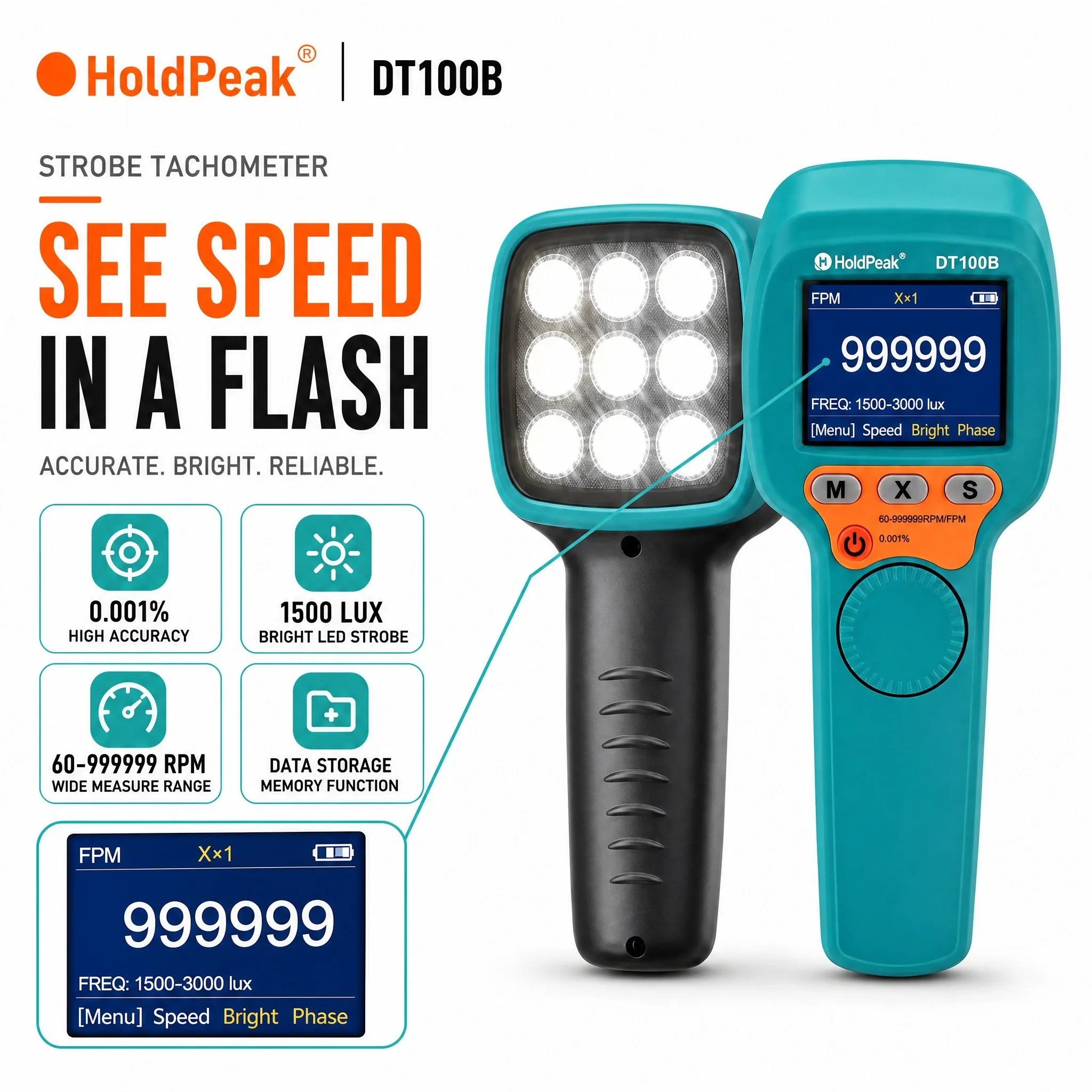 LED Stroboscope Tachometer 60-999999 RPM 0.001% Accuracy 1500LUX Non-Contact Digital Flash Speed Meter for Motor Fan Pump Gear