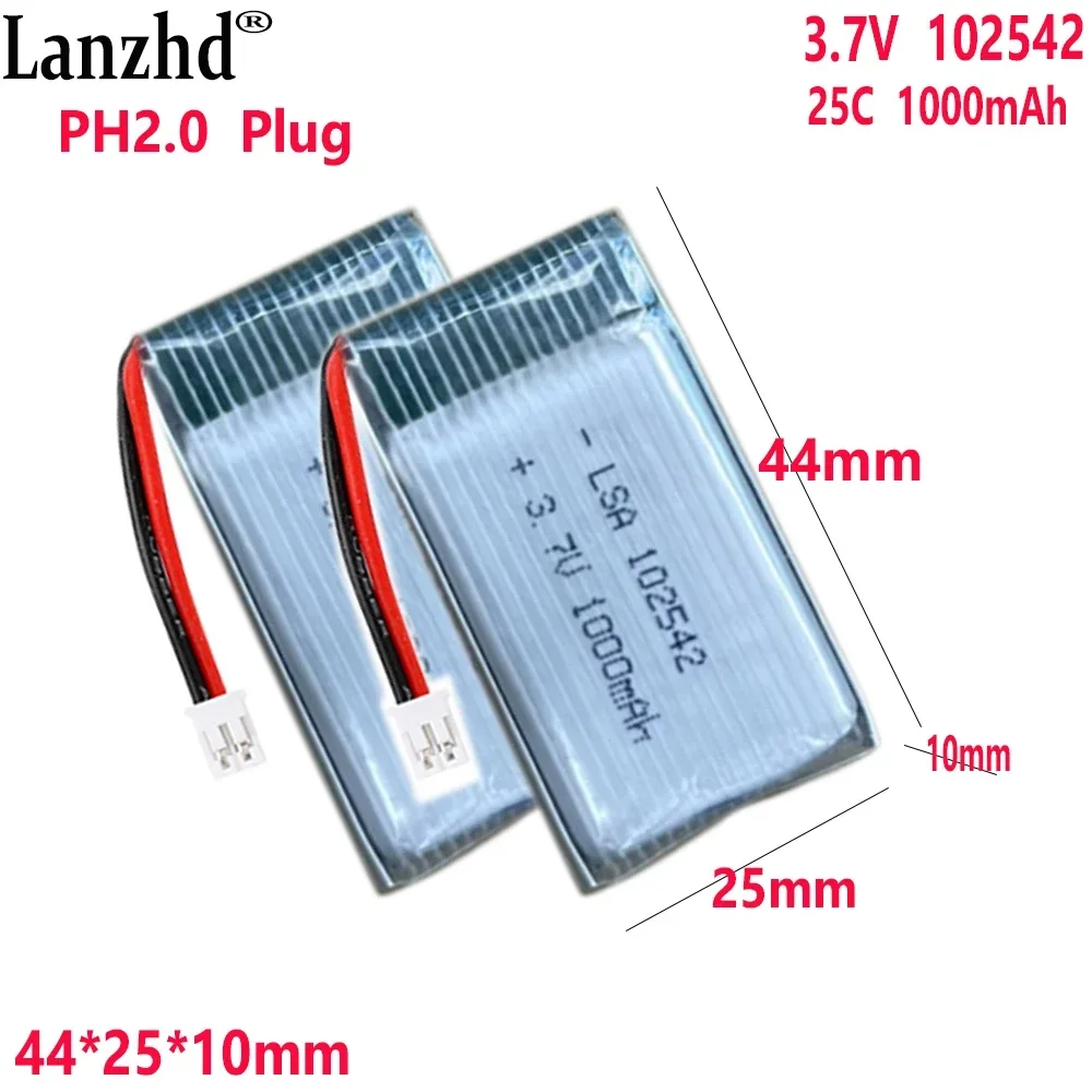 3.7V Li polymer Lithium Battery 25C rate  1000mAh For Drone model airplane model battery 102542 42*25*10mm With PH2.0 Plug