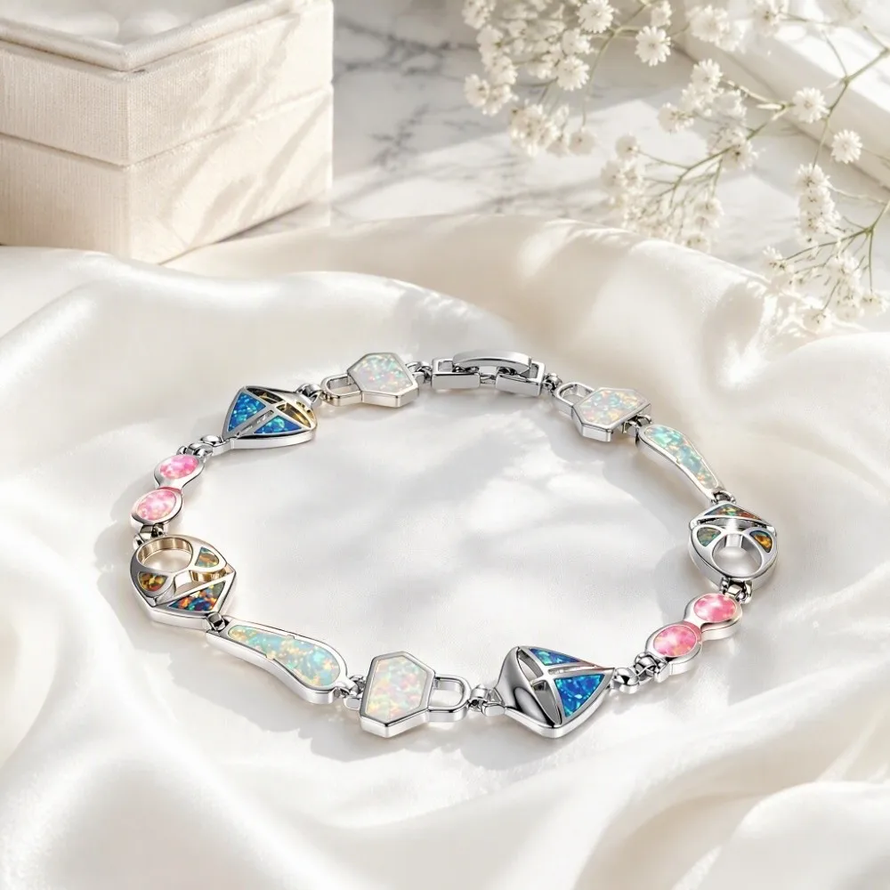 Multi Shape Geometric Lab Created Opal Opal Bracelet Rainbow Fire Synthetic Opal Hand Chain Irregular Inlaid Link Bracelet Women