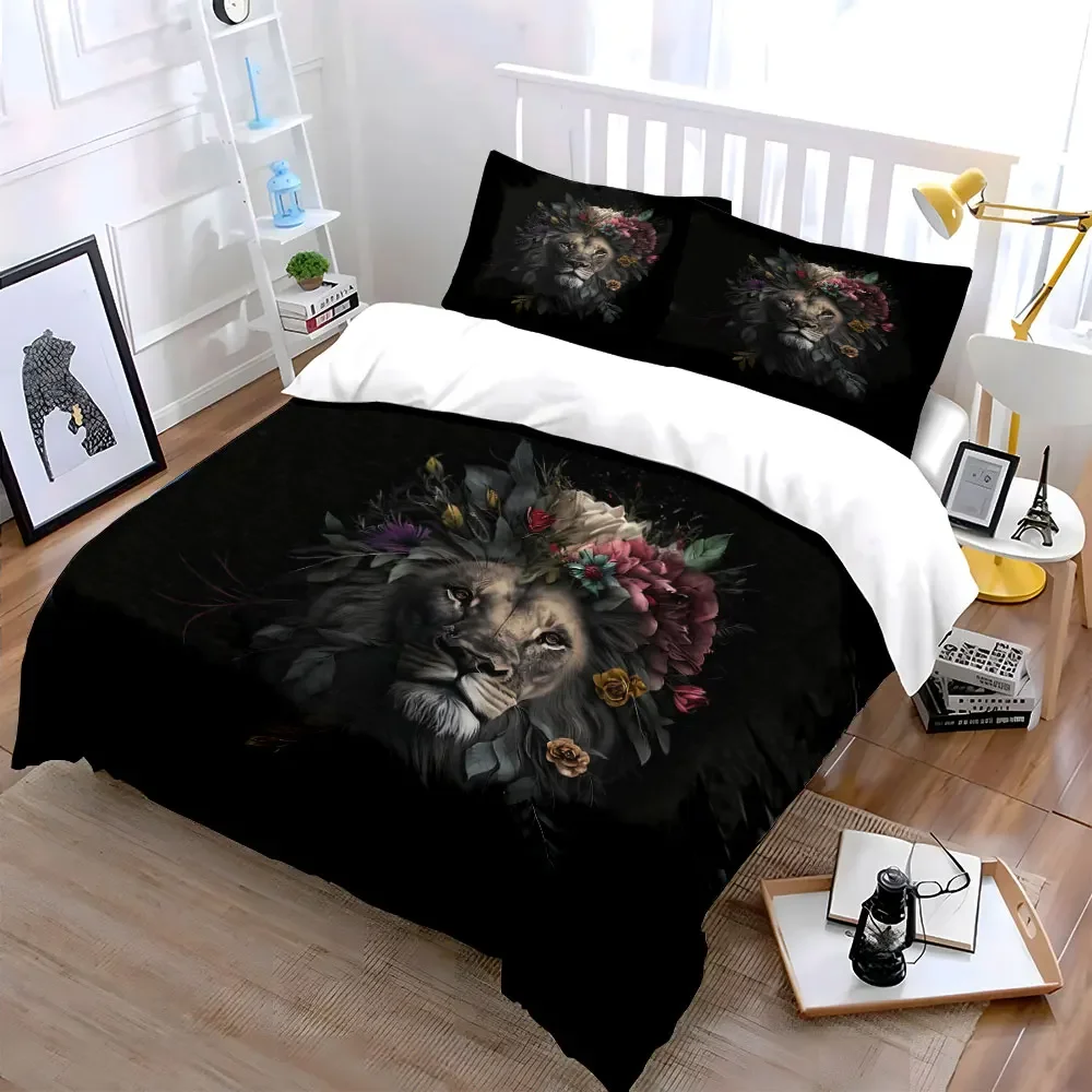 Lion Floral Art Decor Prints Soft Comfortable Duvet Cover Bedding Set Included 1*Duvet Cover & 2*Pillowcases, gift