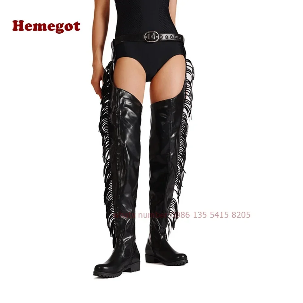 Black Tassel Pant Boots Round Toe Chunky Heels Belt Buckle Thigh High Women's Boots Fringe Leather Winter Shoes Warm Casual Shoe