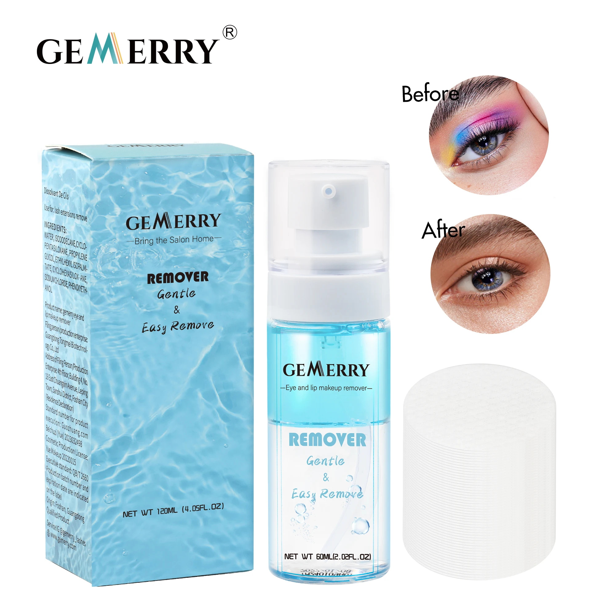 

GEMERRY 60ML Lash Glue Remover for Cluster Lashes Lash Bond and Seal Remover Eye and Lip Makeup Remover Alcohol/Fragrance-free