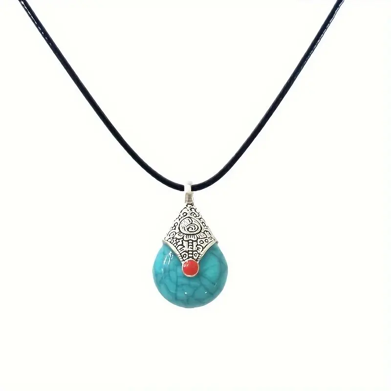 Retro classic Antique silver color blue Turquoise Decor teardrop shape pendant Necklace