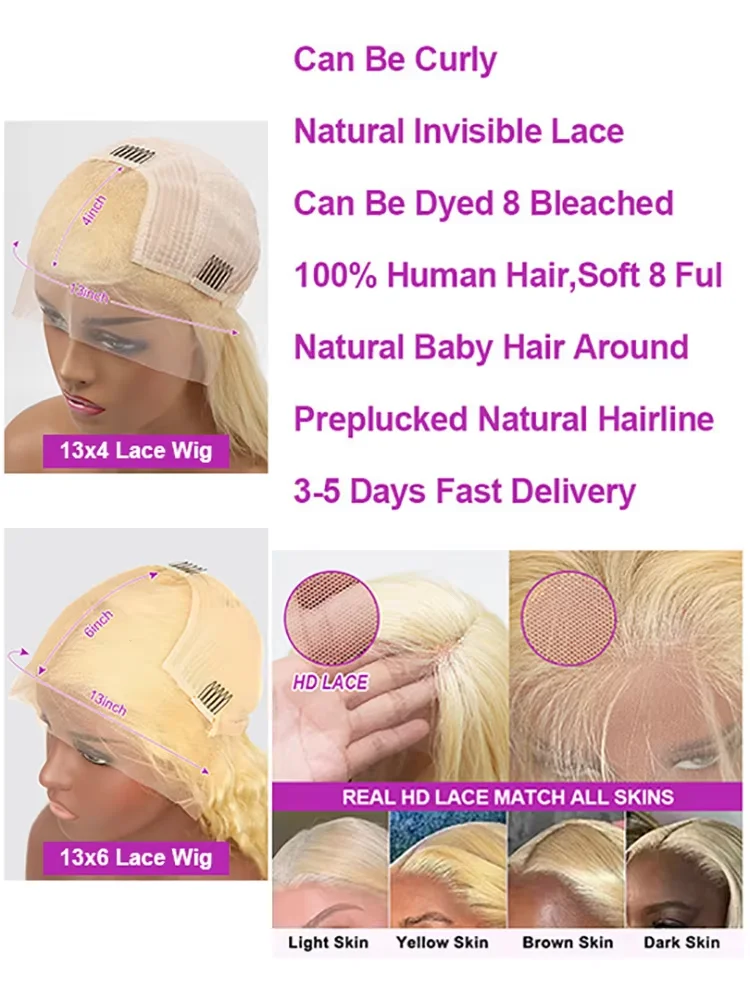 30 40 Inch 613 Colored Human Hair Wigs Body Wave 13x6 HD Lace Frontal Wigs 250% Density Honey Blonde Lace Front Human Hair Wigs