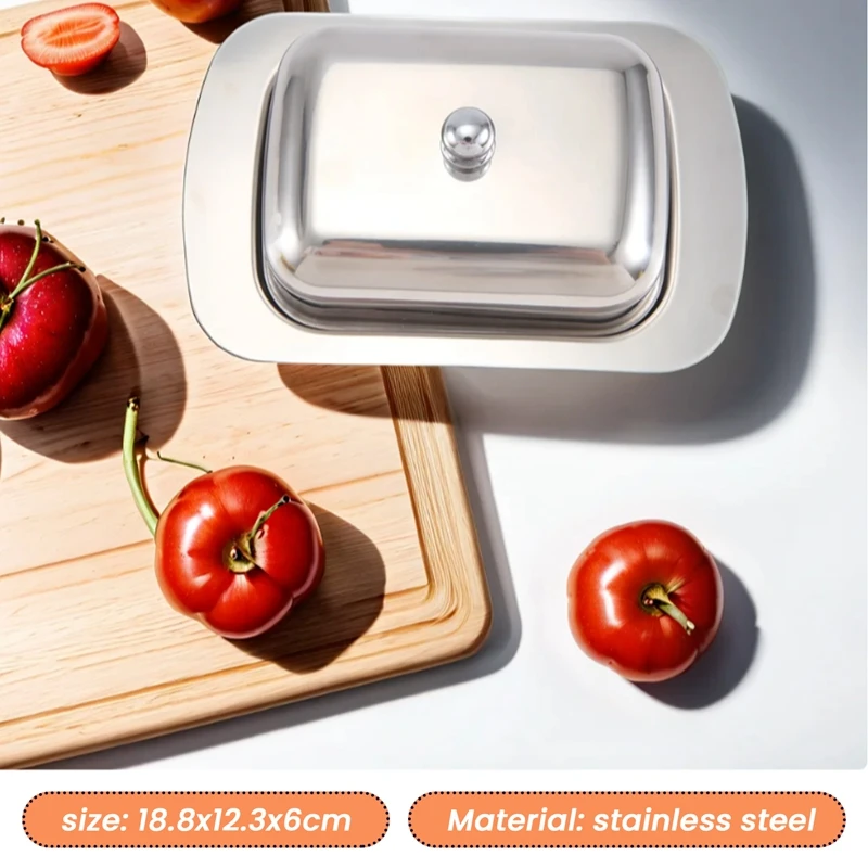 Luxious Stainless Steel Butter Dish Box Container Shiny Cheese Server Storage Keeper Tray With Easy To Hold Lid