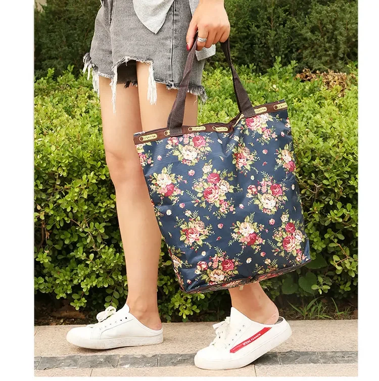 LOHOO Floral Cotton Shopping Bag with Lining Foldable Single Shoulder Handbag Portable Vegetable Buying Bag Fashionable Oxford C