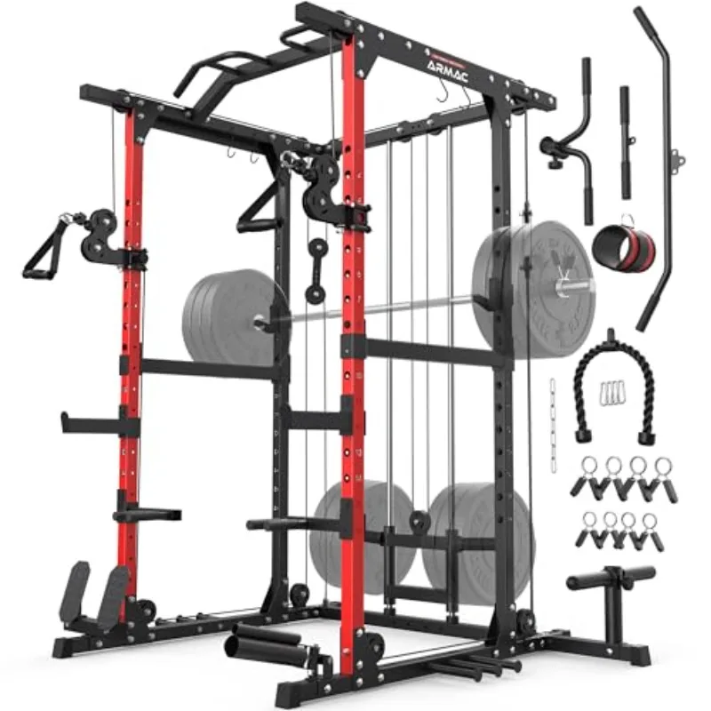 Power Rack, Multi-Functional Power Cage, Squat Rack with Pulley System & LAT Pull Down, Workout Cage with J Hooks for