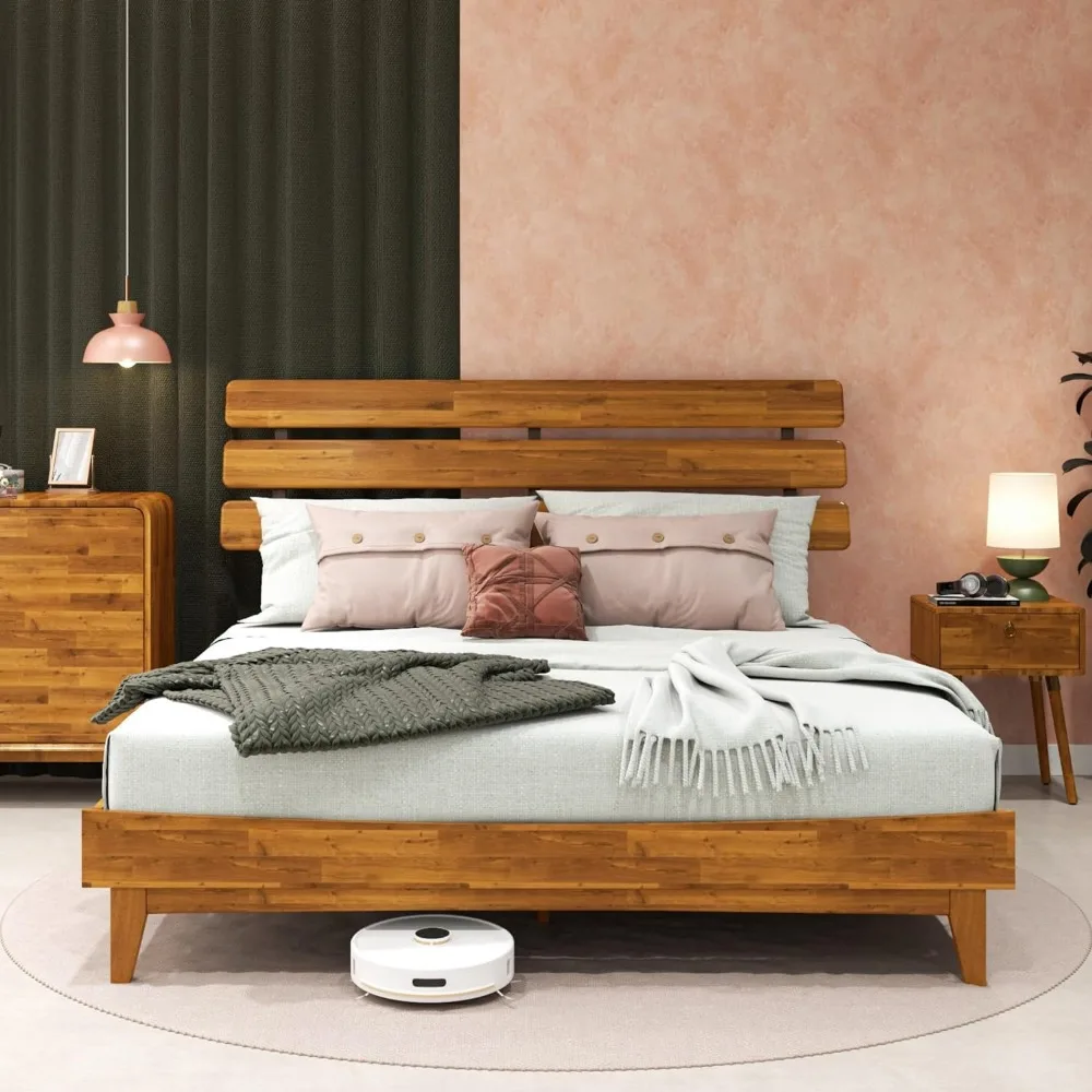 Caden 15 Inch Bed Frame with Adjustable Headboard - Mid Century, Retro Style with Acacia Wood - No Box Spring Needed