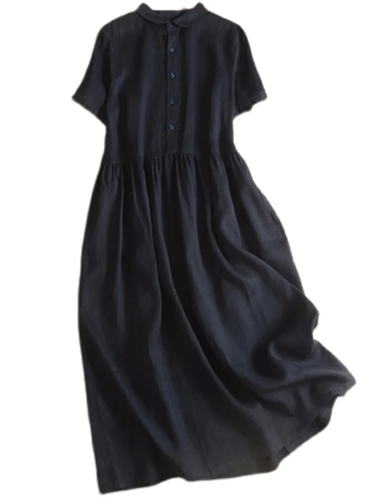 فستان قميص من الكتان والقطن الفضفاض للنساء بياقة دمية وسراويل كارجو بذيل واحد فستان صيفي على شكل حرف A متوسط ​​الطول