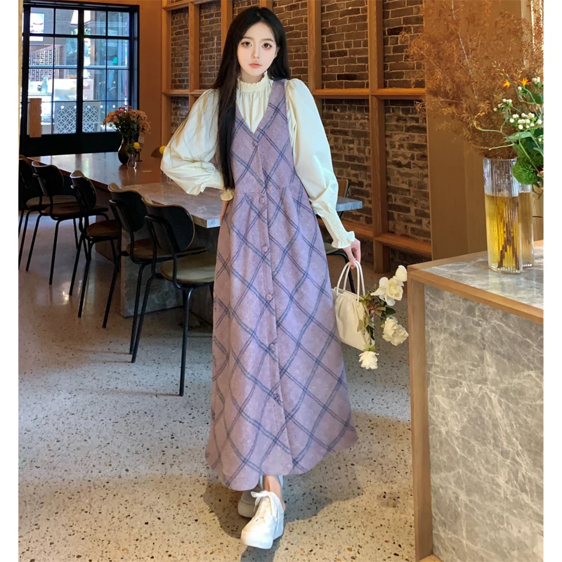 

Casual Two-piece Set For Women White Blouse Tops And Woolen Plaid Sling Long Dress Large Size4XL Female Autumn Winter Loose Suit