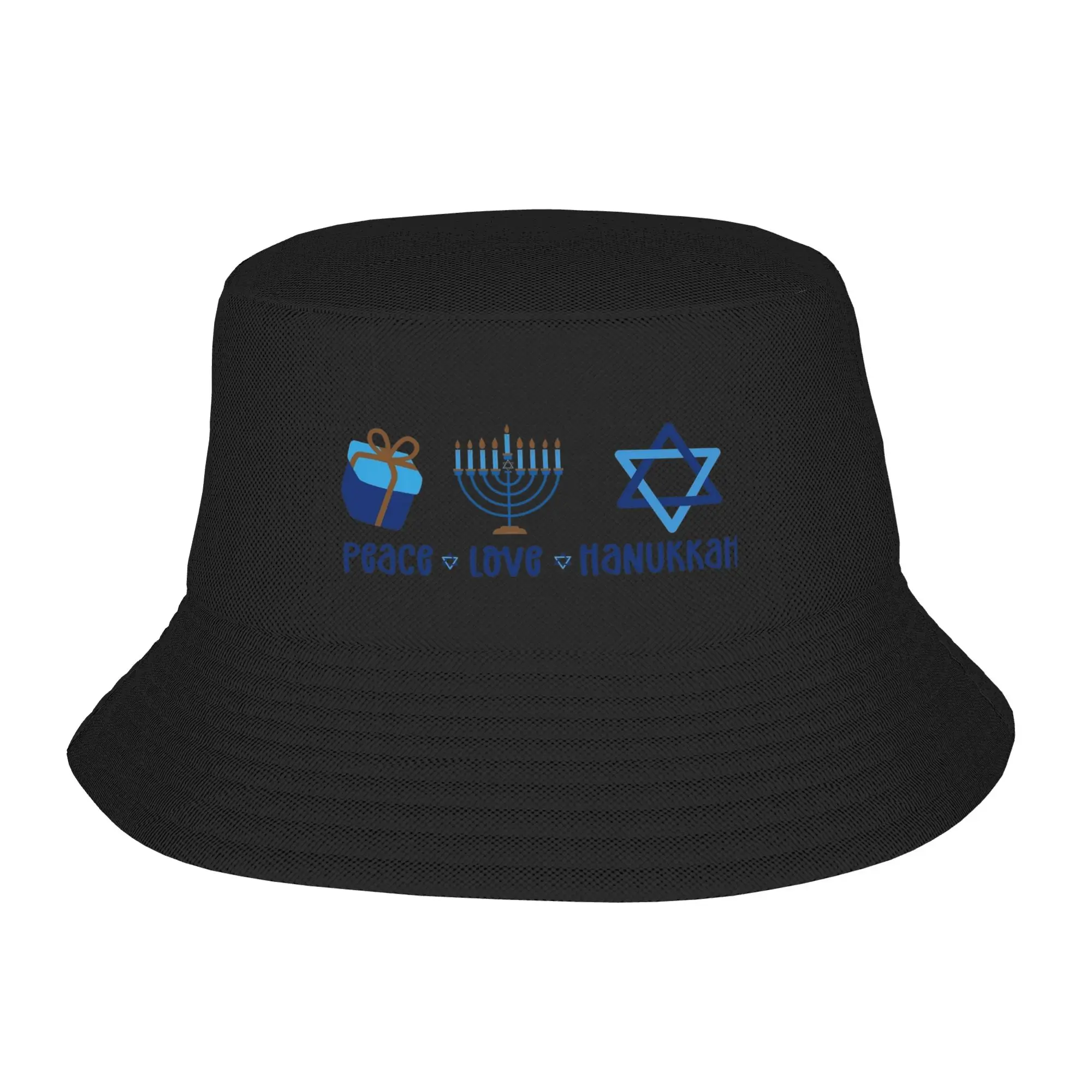 Hanukkah Peace Love Bucket Hat Spring Picnic Headwear Merchandise Menorasaurus Jewish Fishing Hats for Unisex Bob Lightweight