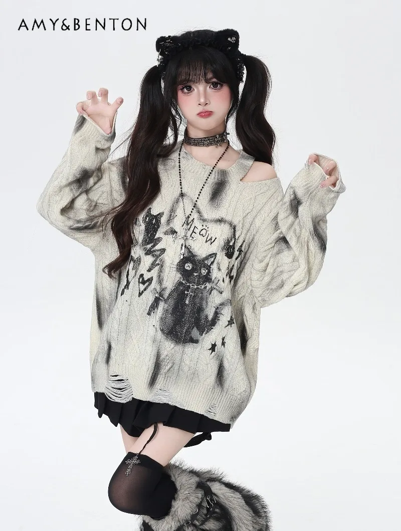 

Sweet Cool Cat Tie-Dye Off-Shoulder Distressed Irregular Loose Sweater Subculture Gothic Long Sleeve Oversized Sweater Women