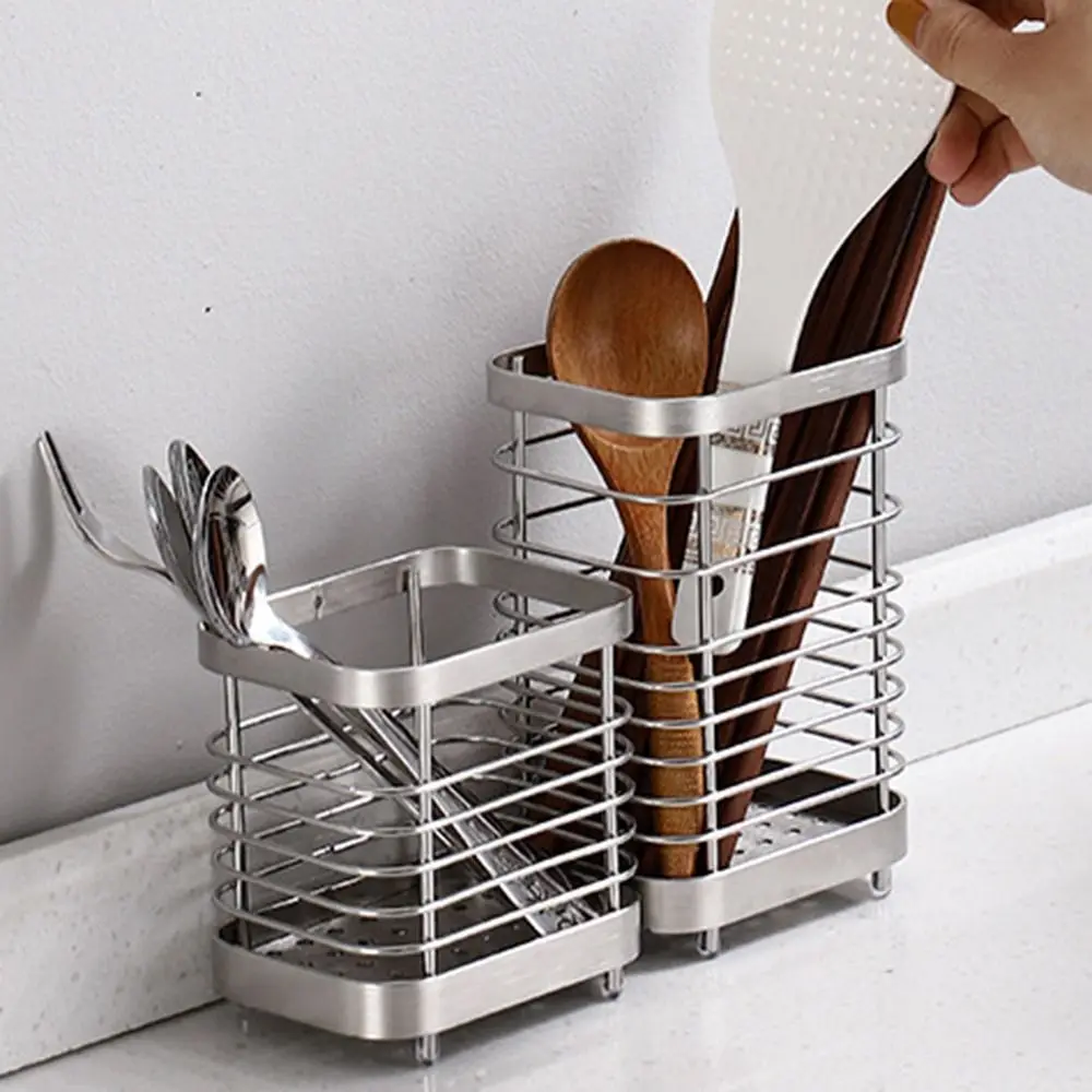 Stainless Steel Kitchen Cutlery Holder Draining Hole Base Rust-proof Utensil Storage Organizer Space-saving Higher Bottom