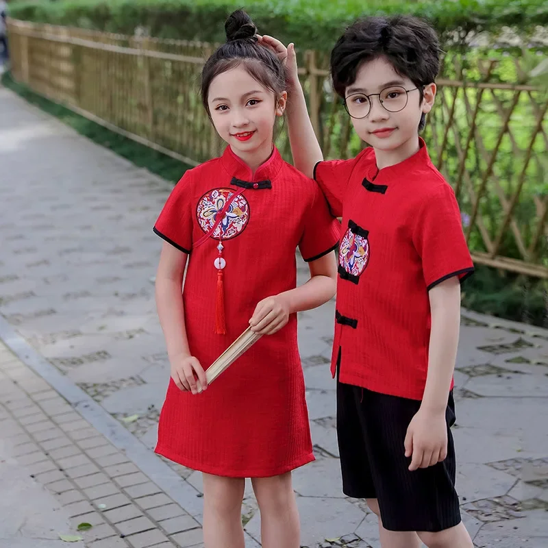 

Новое летнее платье ханьфу с восточной ретро-красной бахромой для мальчиков и девочек, детское платье с вышивкой в китайском стиле, костюм для ролевых игр