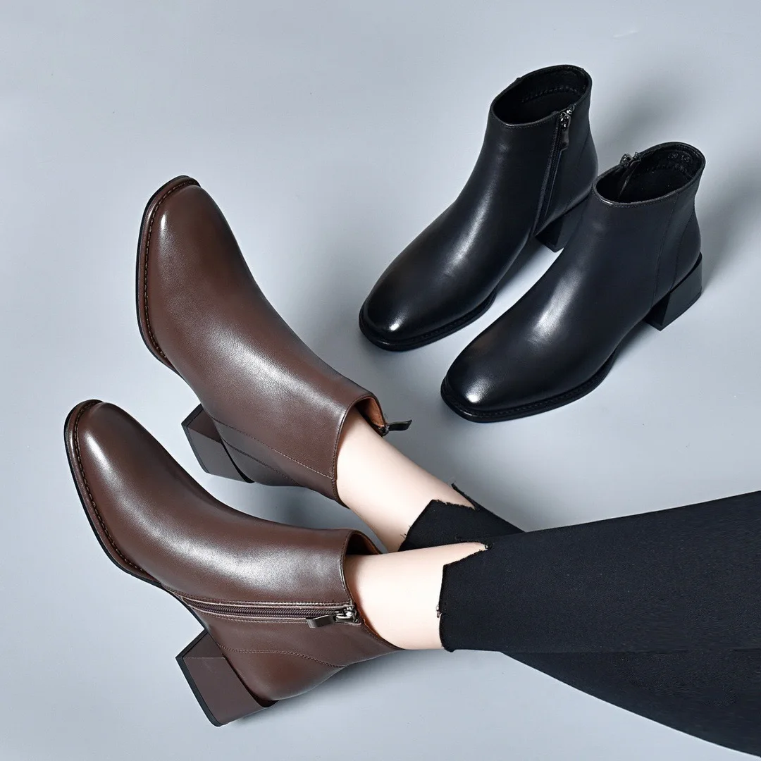 

Cowhide Short Boots for Women 2025 New Soft Leather Spring and Autumn Single Boots Thick Heel British Style Ankle Boots
